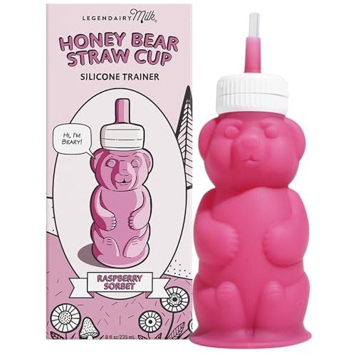 Legendairy Milk Honey Bear Straw Cup Silicone for Babies (Pink), 8 oz. Dishwasher Safe, Food Grade Silicone, Honeybear Sippy Cup for Ages 4+ Months