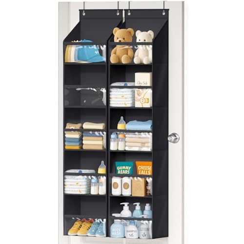 AOODA 2 Pack Over the Door Organizer, Large Capacity Closet Door Hanging Organizer, Clear Deep Pockets Baby Storage for Nursery, Bathroom, Bedroom, Pantry, Diapers (Black)