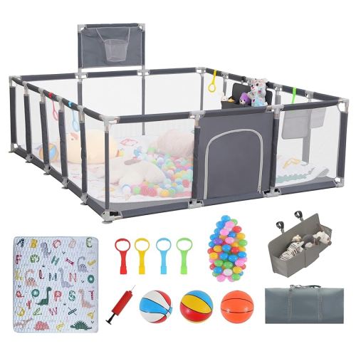 Baby playpen, 79"x71"Baby Playpen with Mat Indoor＆Outdoor Playpen for Babies and Toddlers with Breathable Play Pen with Ocean Balls Hanging Pocket Basketball Hoop (Gray)