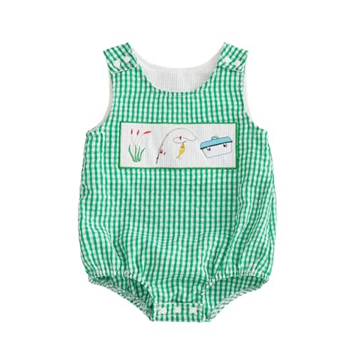 PUHHAPIEY Baby Boy Summer Clothes Sleeveless Embroidery Fishing Gingham Romper Jumpsuit Retro Smocked Shortall