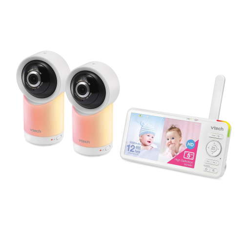 Vtech WiFi Baby Monitor System, 5 in. 1080p, 2-Camera, 360 deg Pan & Tilt, Night-Light, White