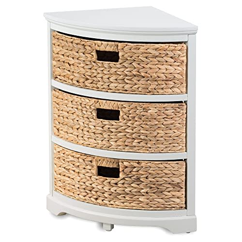 eHemco Hampton Meadows 3 Tier X-Side Corner Table Storage Cabinet with 3 Wicker Baskets, White