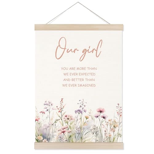 Welshower Floral Baby Girl Nursery Poster Hanger Frame, You Are More Than We Ever Expected Inspirational Wall Art Prints Decor for Toddler Girls Room Nursery Playroom, 12x16 Inch