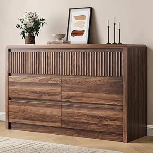 Fluted 6 Drawer Dresser for Bedroom, 50” Wide Dresser & Chest of Drawers with Curved Profile Design, Wood Mid Century Dressers for Bedroom, Living Room, Walnut