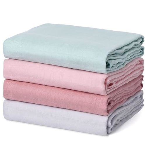 Momcozy Muslin Swaddle Blanket, 4 Pack Large 47 X 47 Inches Breathable Swaddling Receiving Blankets for Baby Boy & Girl, Soft and Skin-Friendly Unisex Baby Blankets, Pink Blue