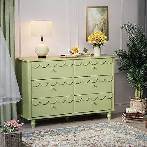 Anbuy Nursery Chests and Dresser for Kids Bedroom Scalloped Wood 6 Drawer Dresser, Chests of Drawers with Metal Handles for Bedroom, Nursery, Hallway(Green)