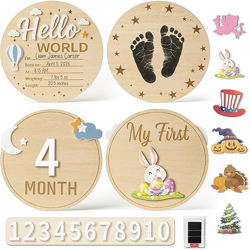 Easter Wooden Baby Announcement Sign Set, 2PK Double-Sided Newborn Milestone Signs 1-12 Months, 3D Acrylic Baby Birth Stats Board with Ink Pad, Bunny Photo Props Keepsake Gift