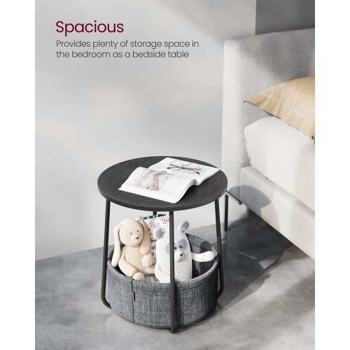Round End Side Table with Fabric Storage Basket Bedside Table Nightstand for Living Room Bedroom Ebony Black and Slate Gray