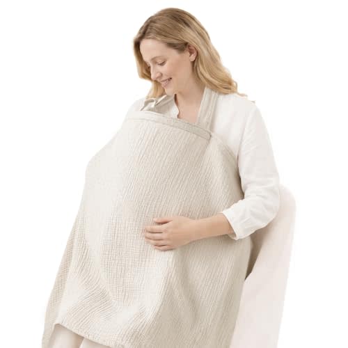 Blissful Diary Muslin Nursing Cover for Breastfeeding, Breathable Breastfeeding Cover up with Arch Neckline for Women, Nursing Apron (Dotted Cream)