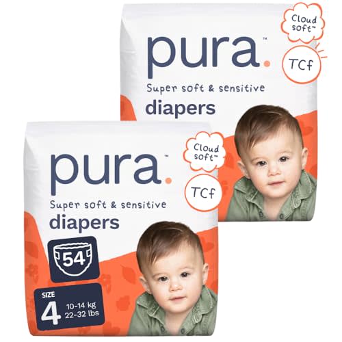 Pura Baby Diapers Size 4 (22-32 lbs) 54 Count Sensitive Skin | 12 Hour Leak Protection, New Blowout Blocker, Cloud Soft, Totally Chlorine Free*, Allergy UK Certified
