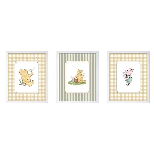 Poster Master 3-Piece Classic Characters Print - Winnie Pooh & Friends Poster - Nursery Art - Winnie Pooh Nursery Decor - Cute Aesthetic Kids Room & Playroom Wall Prints - 8x10 White Framed