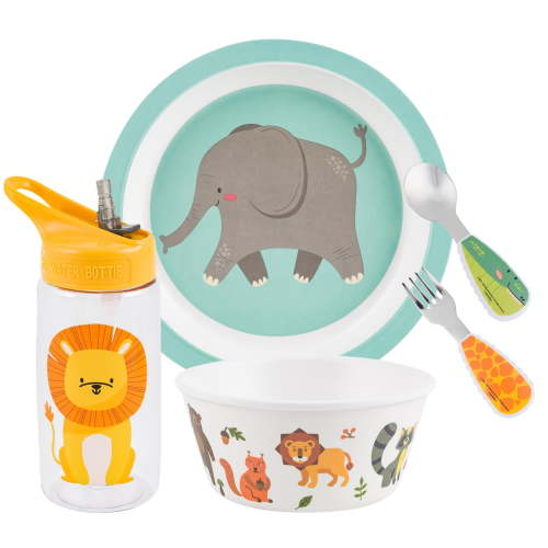 Mealtime Set , 5 Piece Wildlife Animal Water Bottle, Bowls, Plate, Spoon & Folk