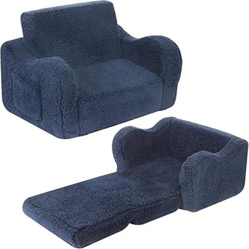MOMCAYWEX Kids Sofa, 2-in-1 Flip-Out Foam Couch with Soft Sherpa Cover, Cozy Play Lounge Chair, Dark Blue