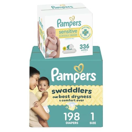 Pampers Swaddlers Disposable Baby Diapers Size 1, 198 Count with Sensitive Water Based Baby Wipes 4X Pop-Top Packs (336 Count)