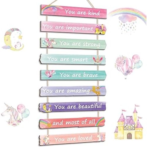 Yookeer Unicorn Rainbow Wall Art for Girls Bedroom, Inspirational Wall Decor Signs, Boho Princess Nursery Room Decor, Aesthetic Tween Girl Room Decoration for Teens