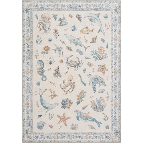 Soft Marine Animal Washable Faux Wool Stain Resistant Rug Rubber Non-Slip Backing for Playroom Bathroom Living Room Bedroom Bedside Beachy Cute Coastal Nautical Nursery Rug (Blue Multi, 5' x 7')
