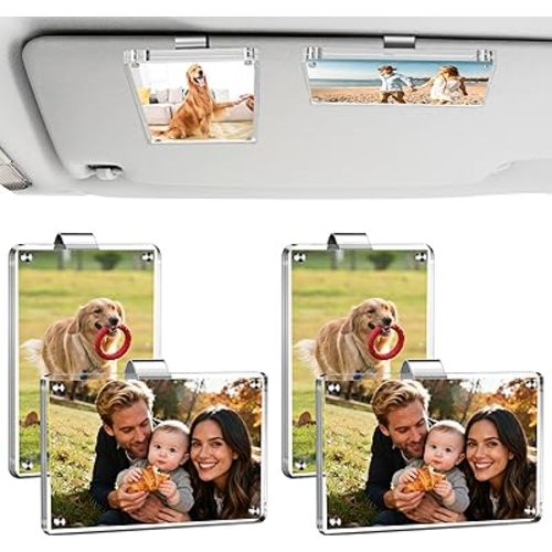 4 Pack Car Picture Holder, Clear Acrylic Magnetic Car Photo Holder, Horizontal & Vertical Photo Car Visor Photo Clip, Personalized Car Picture Frame, Suitable for Adding Family, Personal or Pets Photos