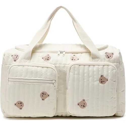 Quilted Diaper Bag Large Capacity Teddy Bear Pattern Cute Duffle Bag Portable & Lightweight for Hospital and Weekender Travel, 18.9x8.7x10.2in