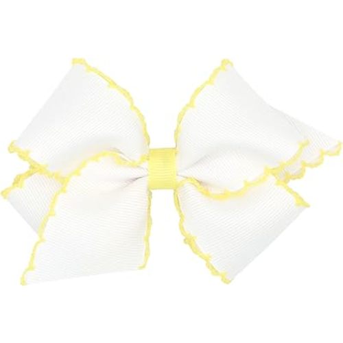 Wee Ones Girls' Classic Grosgrain Moonstitch Edge Hair Bow, No-Slip Hair Clip, Handmade, White with Light Yellow, Small