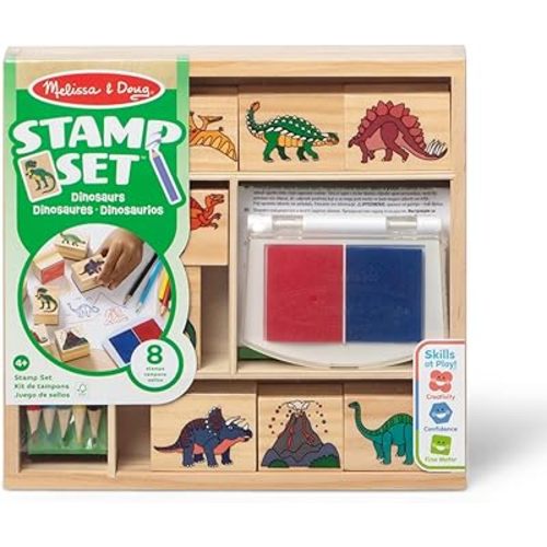 Melissa & Doug Wooden Stamp Set: Dinosaurs - 8 Stamps, 5 Colored Pencils, 2-Color Stamp Pad - FSC Certified