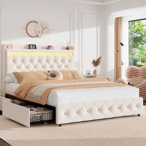 Full Upholstered LED Bed Frame with Charging Station & 2 Storage Drawers, Velvet Platform Bed for Kids, No Box Spring Needed, Beige
