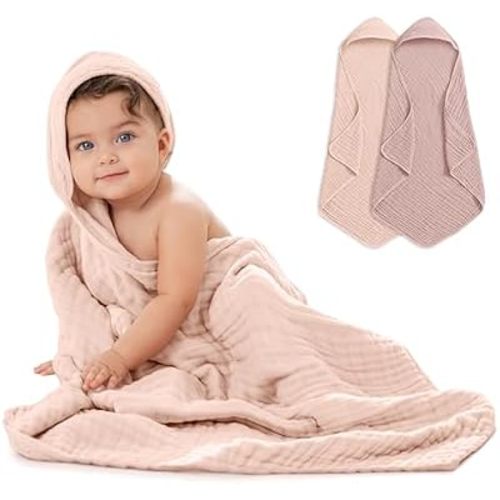Comfy Cubs Hooded Baby Towel 2-Pack, Large 32 x 32 Inch - 6 Layer 100% Muslin Cotton for Babies, Toddlers, Kids - Soft & Absorbent Baby Bath Towels - Unisex Design for Bath Time, Mauve and Blush