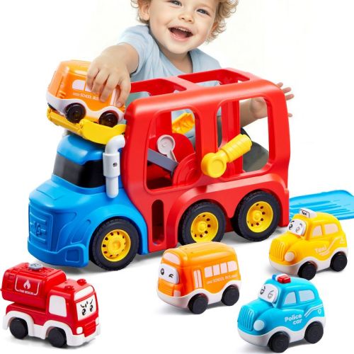 Joyfy Truck Toys for Toddlers 2-4 Years, 4Pack Car Toys with School Bus, Taxi, Fire Engine, Police Car, Christmas Birthday Gifts for Boys & Girls