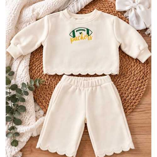 Packers Baby & Toddler Embroidered Sweatset | Football Outfit | Green and Yellow Game Day Set | Scalloped Girls Sweatshirt and Pants
