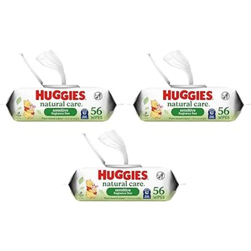 Huggies Natural Care Sensitive Baby Wipes, Unscented, Hypoallergenic, 99% Purified Water, 1 Flip-Top Pack (56 Wipes Total) (Pack of 3)