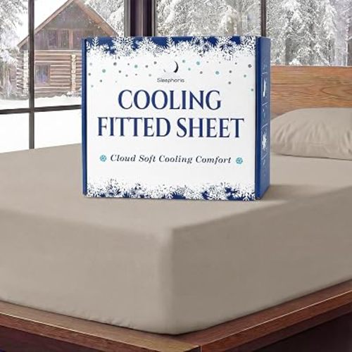 Cooling Fitted Sheet King Size - 1 PC BreezeWeave Cooling Sheets for Hot Sleepers & Cool Rest w/ 16 in Deep Pocket - Corner Straps, Cloud Soft, Ultra Durable - 73 x 77 in (Beige)