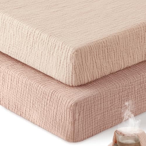 Unnivoll Muslin Crib Sheets for Boys Girls, 100% Cotton Fitted Crib Sheet 2 Pack for Standard Crib and Toddler Mattress, Breathable Soft Baby Sheet 28x52x8in Gradient Pink