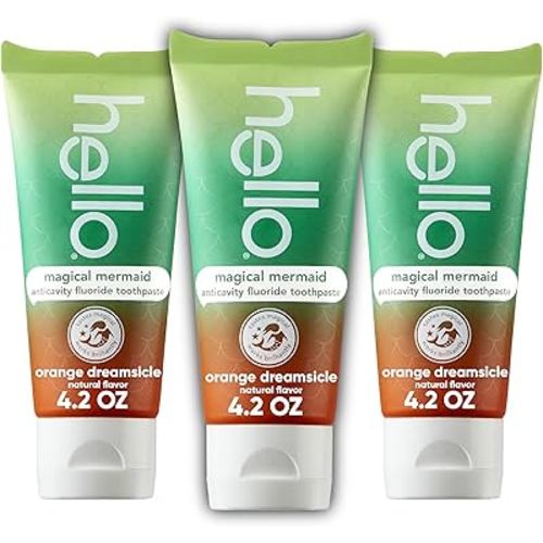 hello Magical Mermaid Kids Toothpaste with Fluoride, Orange Dreamsicle Flavor Toothpaste for Kids, Safe for Ages 2 and Up, Helps Prevent Cavities, Strengthen Enamel, Polish Teeth, 3 Pack, 4.2 Oz Each