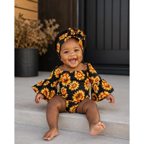 Baby Girl Sunflower Romper, Boutique Bell Sleeve Baby Outfit, Fall Baby Girl Bodysuit, Sunflower Bubble Romper Set