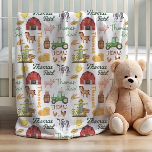 Personalized Boy's Farmer Blanket, 1st Birthday, Baby Shower Gift, Farm Newborn Swaddle, Tractor Toddler Bedding, Farming Nursery Decor