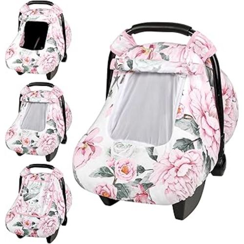 Pea Pod Car Seat Cover for Baby Girls, Floral Infant Car Seat Canopy Cover for Newborn, with 2 Layers Windows of Breathable Mesh/Fabric, 3D Minky Dot Backing, Ultra Soft & Comfortable