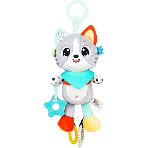 Balibazoo Luka The Cat Hanging Baby Toy – Soft Plush Sensory Toy with 3 BPA-Free Silicone Teethers, Crinkle Ears & Hidden Bell | Clip for Stroller, Car Seat, and Carrier | Developmental Toy 0-24M