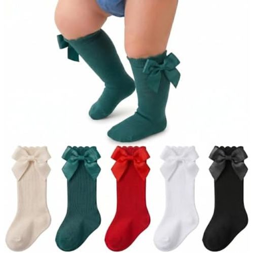 Baby Girl Knee High Socks with Bows Soft Cotton Ruffle Long Stockings Smooth Sole Infant Toddler Uniform