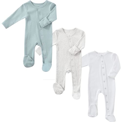 KISBINI Baby Footed Pajamas with Mitten Cuffs Unisex Cotton Snap-up Romper Jumpsuit Sleep and Play 0-12 Months Footies