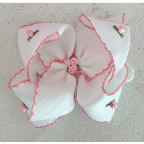 1/4 Headband with 5.5" White Bow with Pink Flowers