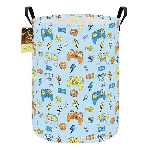 Collapsible Fabric Storage Basket, Waterproof Laundry Hamper with Handles, Round Storage Bin for Clothes, Foldable Organizer for Bedroom Nursery Bathroom(Color Game)