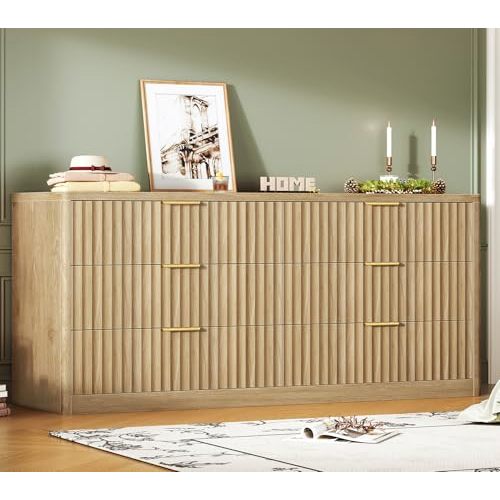 TEENFON 56.3'' Dresser for Bedroom with 6 Drawers, Dressers & Chest of Drawers with Curved Profile Design, 6 Drawer Dresser, Fluted Dressers, Wood Dressers for Bedroom, Living Room, Natural