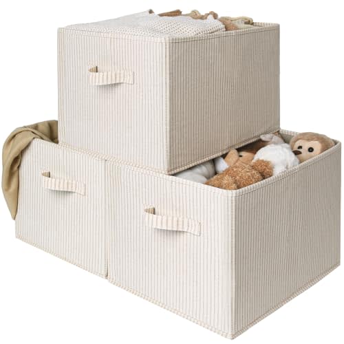StorageWorks Shelf Organizer Bins, Beige Stripes, Extra Large, 3-Pack | Foldable Shelf Organizer Bins, Closet Storage Baskets for Clothes, Storage Bins for Organization