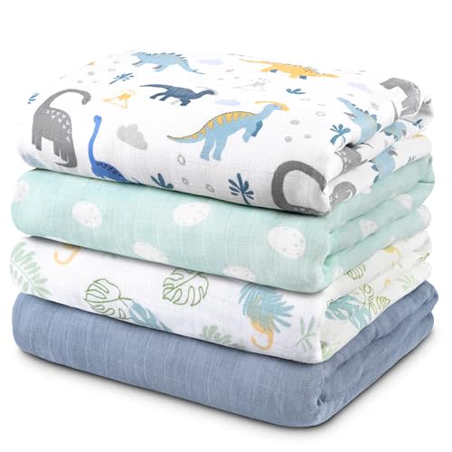 GLLQUEN BABY Muslin Swaddle Blankets 4-Pack Breathable Receiving Blankets (35" x 40") Soft Baby Blankets for Girls and Boys Newborn Essentials Muslin Swaddle Wrap Baby Gift(Dinosaur Era)
