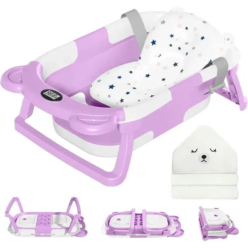 MoreFeel Collapsible Baby Bathtub for Newborn with Thermometer & 1 Hooded Towel & 1 Soft Floating Cushion,Portable Travel Bathtub with Drain Hole, Durable Foldable Baby Tubs for Infants to Toddler