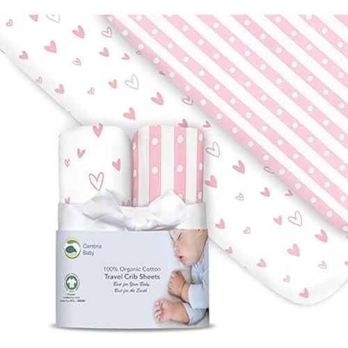 100% Organic Cotton Fitted Travel Crib Sheets, Perfectly Compatible with Guava Lotus, BabyBjorn, Dream On Me and All mattresses 22-26" Wide by 40-44" Long. Strap Holes in Corners. 2 Pk, Girl.