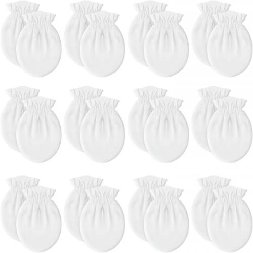 TELOLY 12 Pairs Newborn Baby Mittens,Unisex No Scratch Mittens,100% Cotton White Mittens for Baby 0-6 Months