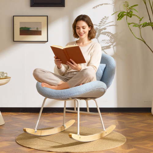 Ktaxon Rocking Accent Chair with Padded Seat, Cute Cozy Nest Style Nursery Chair, Teddy Fleece Glider Rocker with Wooden Metal Frame Light Blue