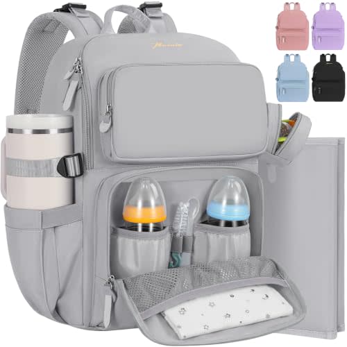 IBVIVIC Diaper Bag Backpack with Portable Changing Pad, Soft Gray | Multifunctional Baby Bag for Mom Dad, Large Capacity, Stroller Straps, Insulated Bottle Pockets & Pacifier Case