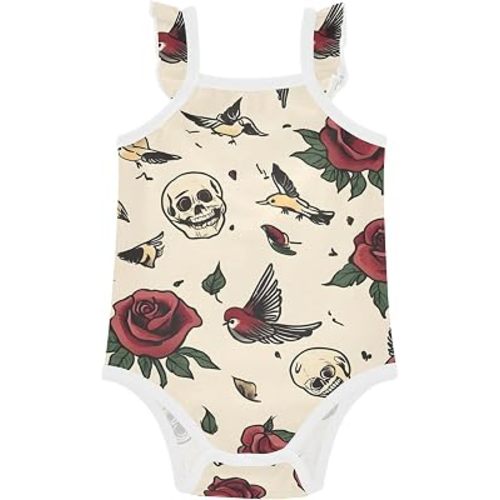 Vintage Old-school Tattoo Newborn Baby Girl Bodysuit, Cotton Suspender Sleeveless Romper for Summer