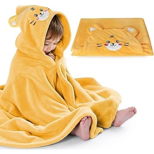 ROMASA Toddler Hooded Bath Towel Ultra Soft Towel Highly Absorbent Bathrobe Blanket for Boys Girls- 27.5" x 55" (Yellow-Tiger)